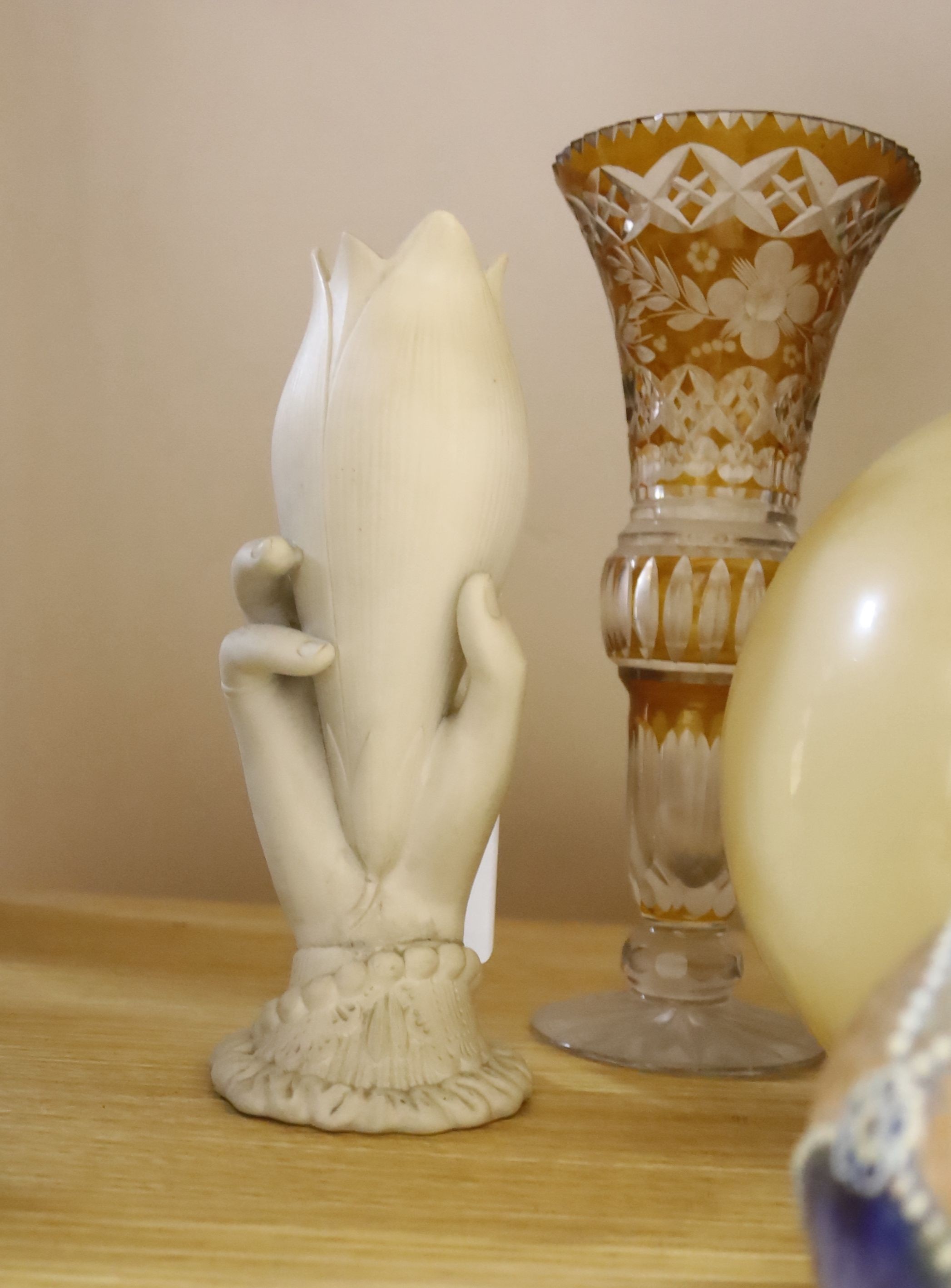 Mixed ceramics, overlaid glass vase and a Victorian oil lamp